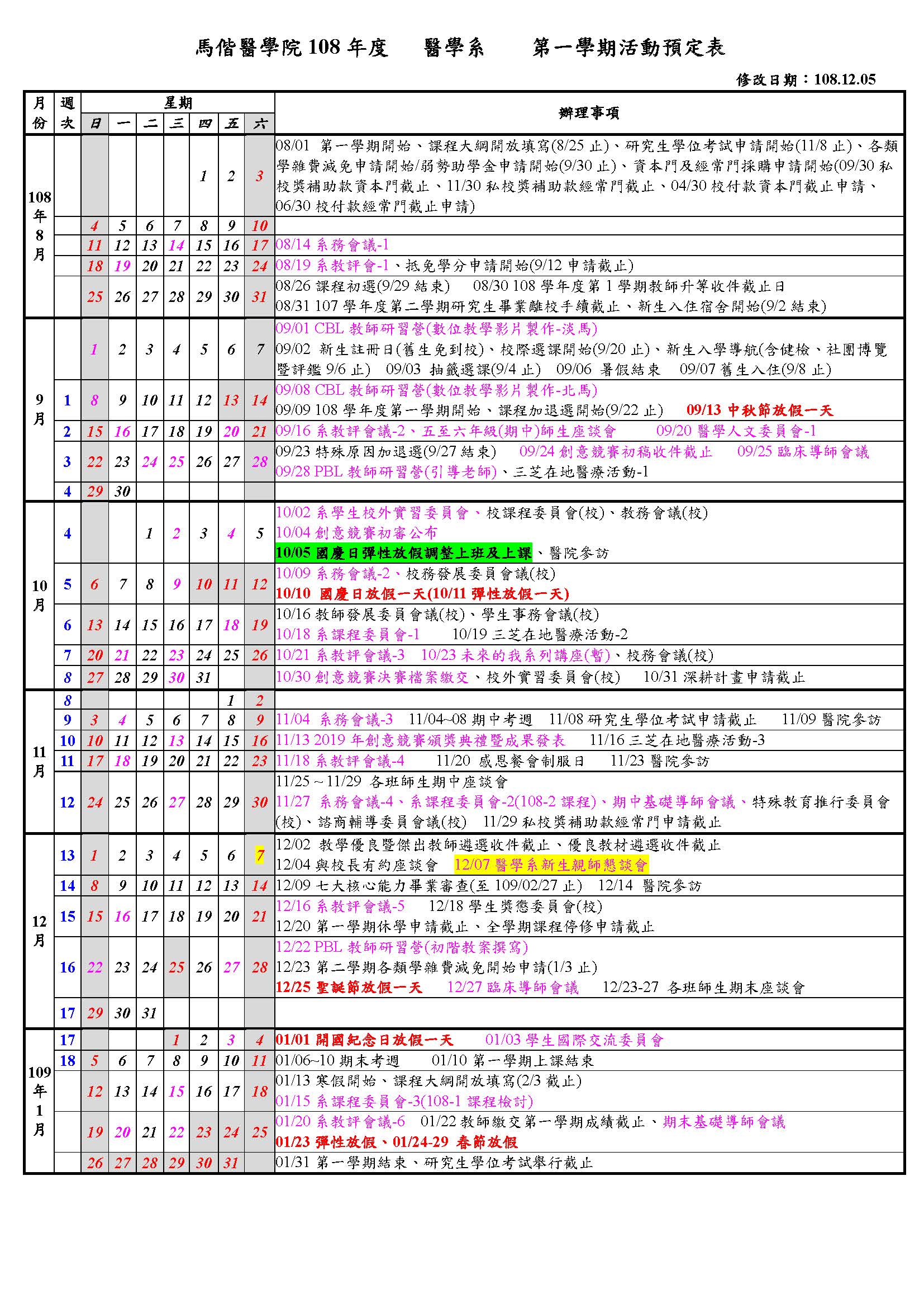 公告】108學年醫學系重要活動行事預定表| 馬偕醫學院醫學系