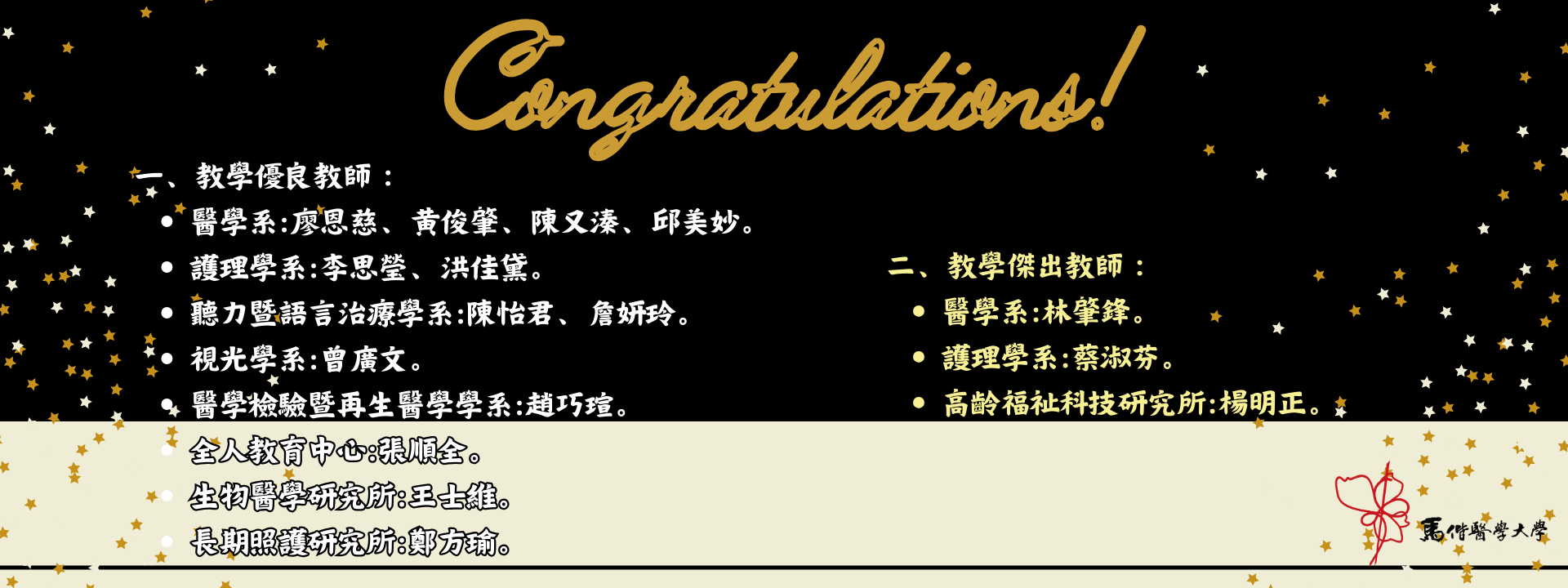 114學年度教學優良教師及教學傑出教師獲獎名單