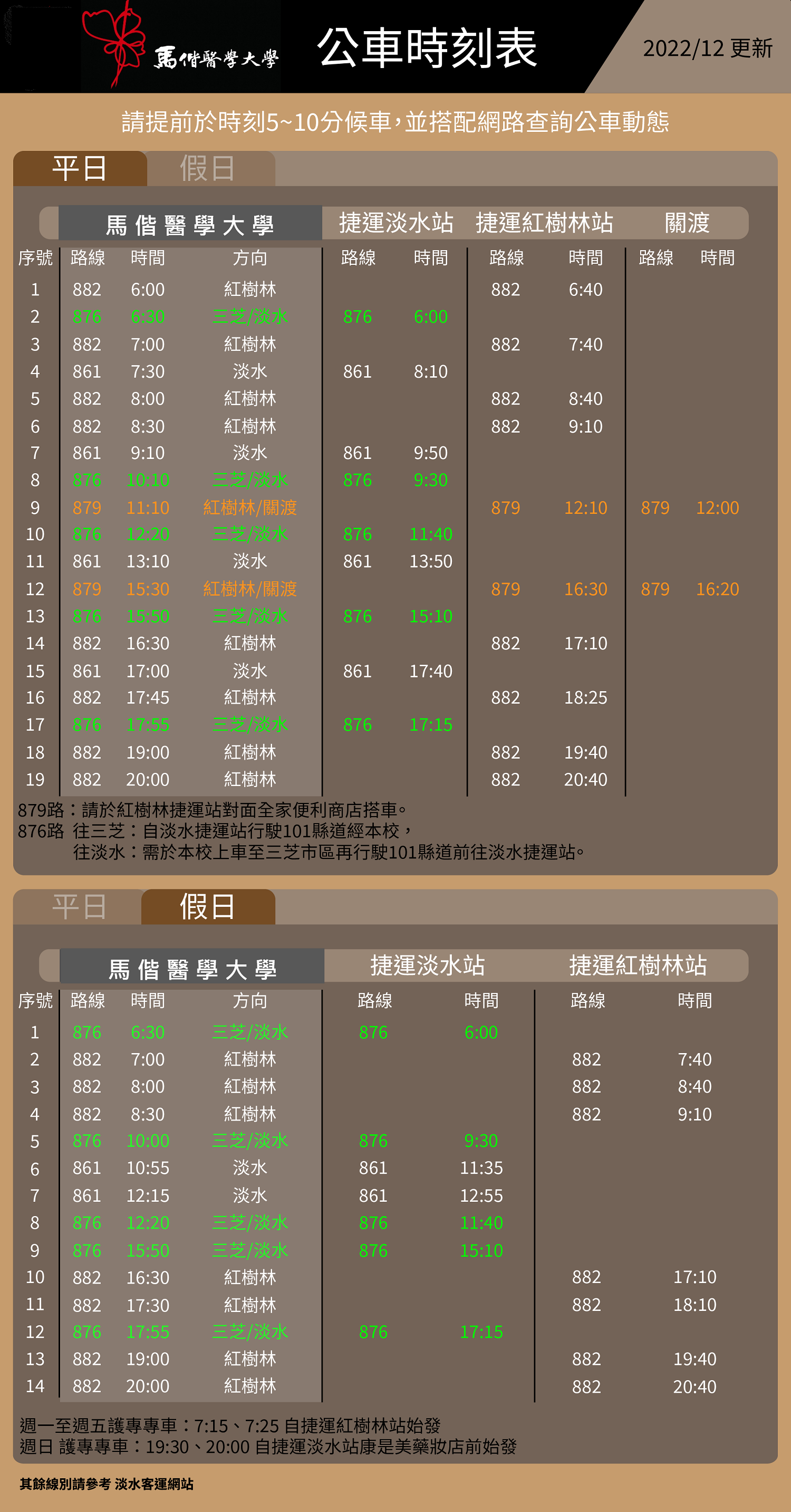 馬偕醫學大學公車時刻表，詳見以下檔案說明